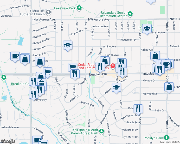 map of restaurants, bars, coffee shops, grocery stores, and more near 7815 Douglas Avenue in Urbandale