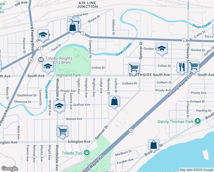 map of restaurants, bars, coffee shops, grocery stores, and more near 538 Nicholas Street in Toledo