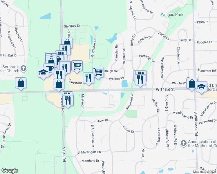 map of restaurants, bars, coffee shops, grocery stores, and more near 12502 Orland Park Road in Homer Glen