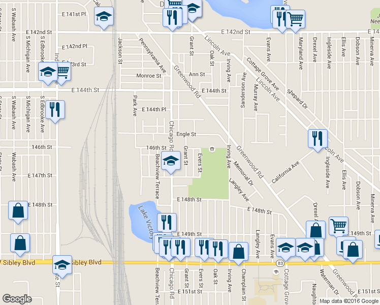 map of restaurants, bars, coffee shops, grocery stores, and more near 14607 Grant Street in Dolton