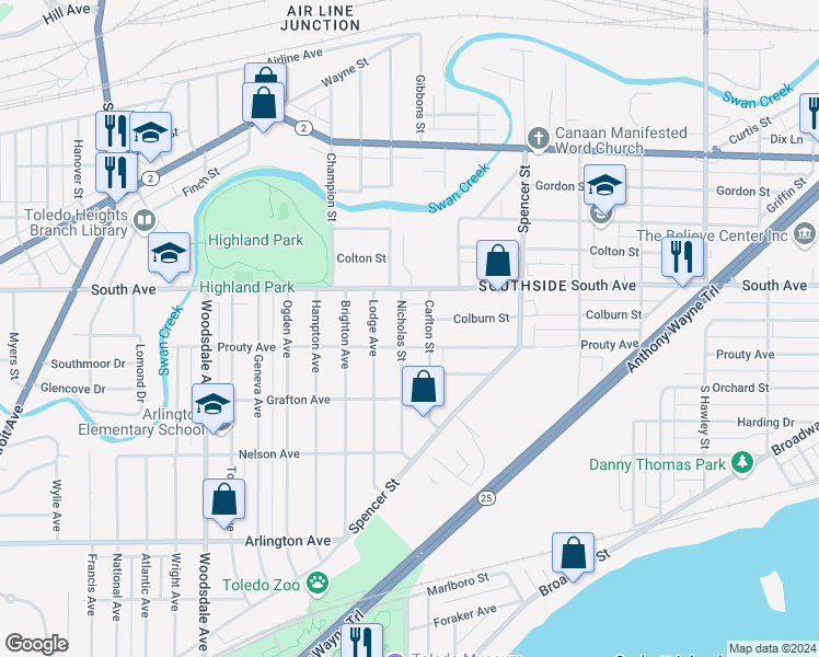 map of restaurants, bars, coffee shops, grocery stores, and more near 539 Nicholas Street in Toledo