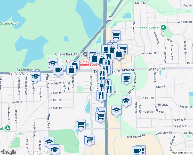 map of restaurants, bars, coffee shops, grocery stores, and more near 14328 Jefferson Avenue in Orland Park