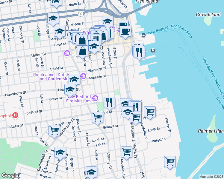 map of restaurants, bars, coffee shops, grocery stores, and more near 215 Acushnet Avenue in New Bedford