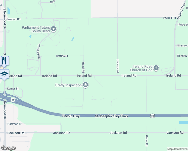 map of restaurants, bars, coffee shops, grocery stores, and more near 17202 Ireland Road in South Bend