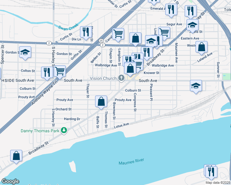 map of restaurants, bars, coffee shops, grocery stores, and more near 1736 Broadway Street in Toledo
