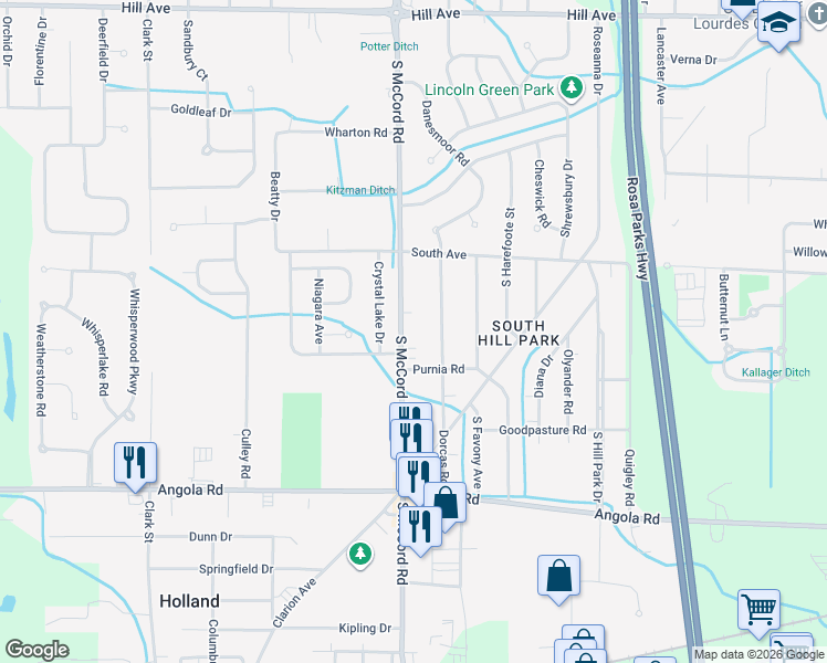 map of restaurants, bars, coffee shops, grocery stores, and more near 617 South McCord Road in Holland