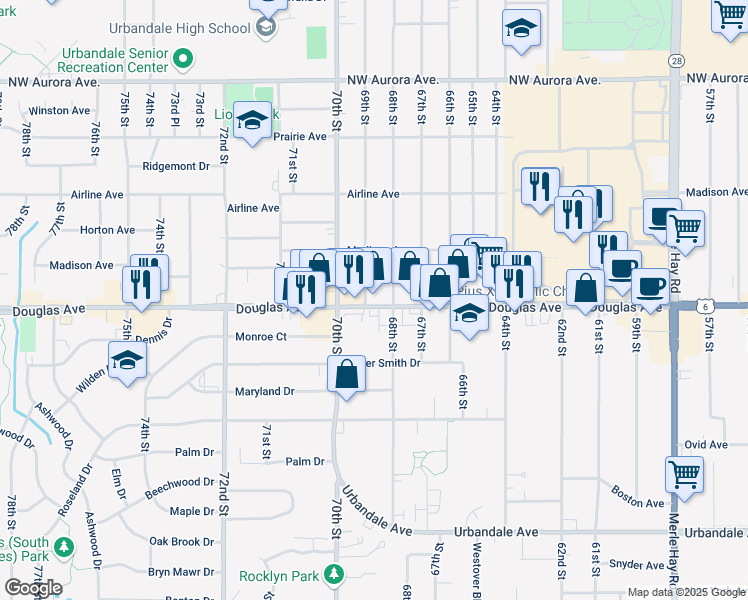 map of restaurants, bars, coffee shops, grocery stores, and more near 6827 Douglas Avenue in Urbandale