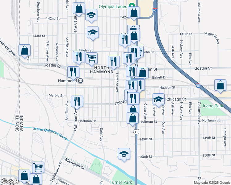 map of restaurants, bars, coffee shops, grocery stores, and more near 4618 Torrence Avenue in Hammond