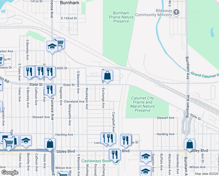 map of restaurants, bars, coffee shops, grocery stores, and more near 287 Campbell Avenue in Calumet City