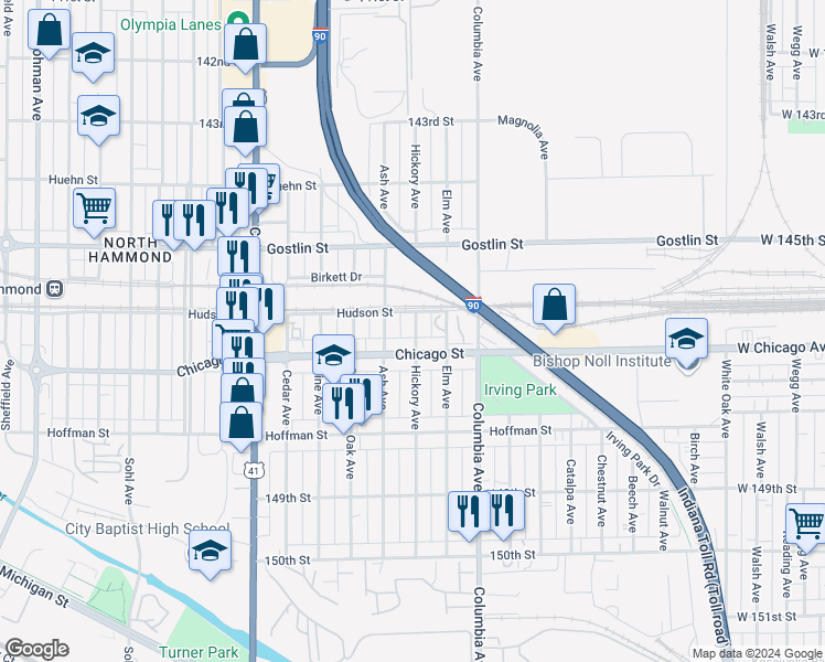 map of restaurants, bars, coffee shops, grocery stores, and more near 4618 Hickory Avenue in Hammond