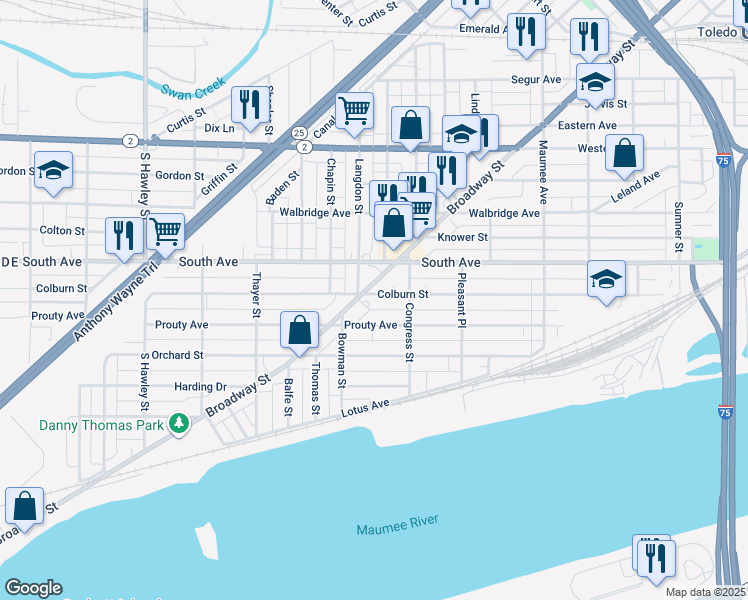 map of restaurants, bars, coffee shops, grocery stores, and more near 739 Colburn Street in Toledo