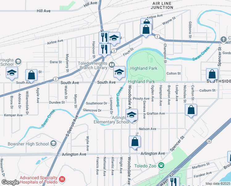 map of restaurants, bars, coffee shops, grocery stores, and more near 1853 South Avenue in Toledo