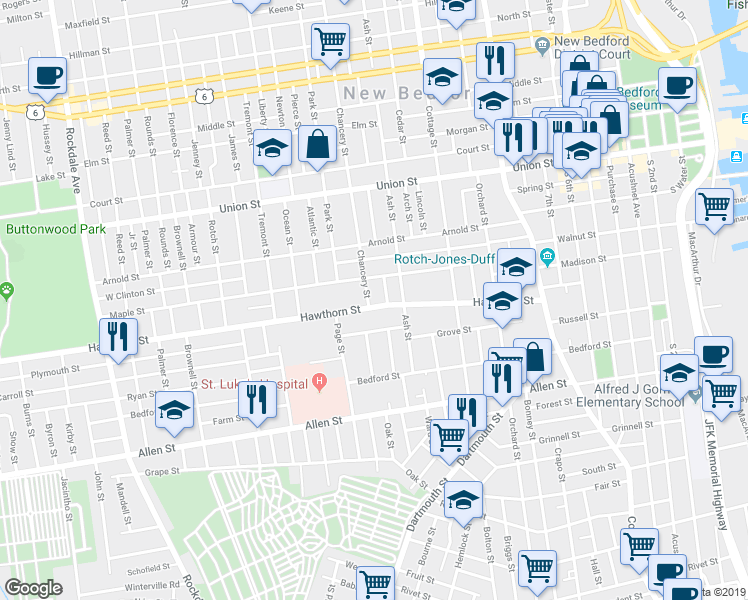 map of restaurants, bars, coffee shops, grocery stores, and more near 143 Hawthorn Street in New Bedford