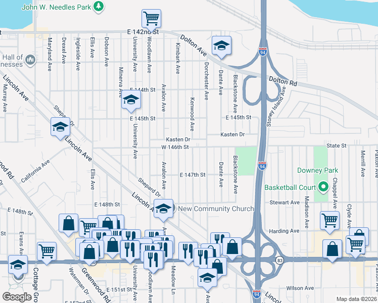 map of restaurants, bars, coffee shops, grocery stores, and more near 14610 Kenwood Avenue in Dolton