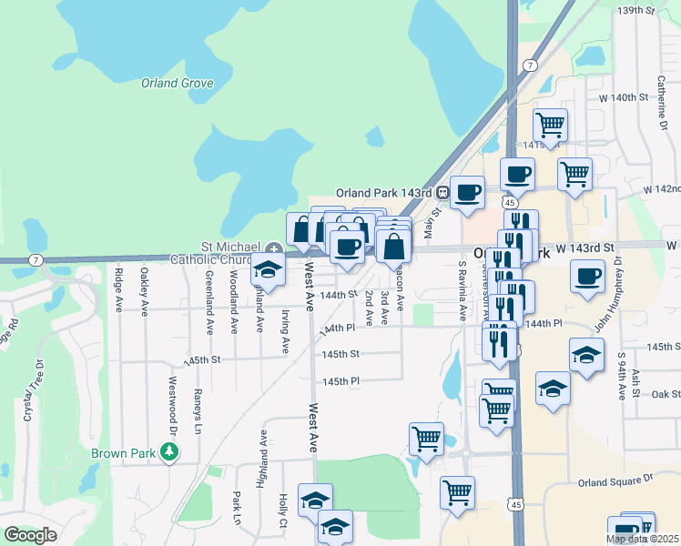 map of restaurants, bars, coffee shops, grocery stores, and more near 14350 Brook Street in Orland Park