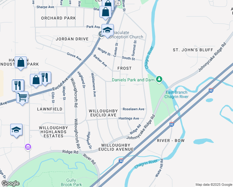 map of restaurants, bars, coffee shops, grocery stores, and more near 4706 Wood Street in Willoughby