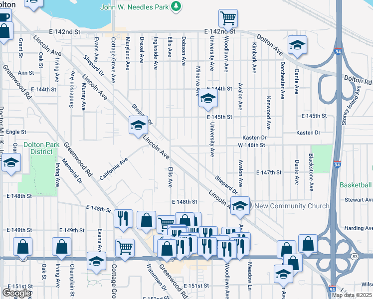 map of restaurants, bars, coffee shops, grocery stores, and more near 1031 East 146th Street in Dolton