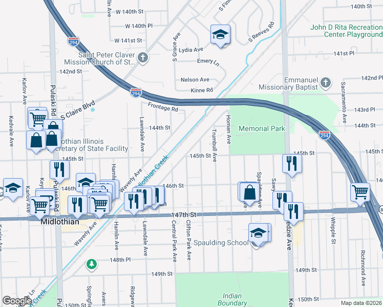 map of restaurants, bars, coffee shops, grocery stores, and more near 14475 Abbottsford Road in Midlothian