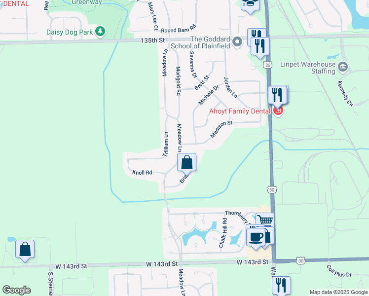 map of restaurants, bars, coffee shops, grocery stores, and more near 13841 Meadow Ln in Plainfield