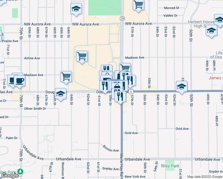 map of restaurants, bars, coffee shops, grocery stores, and more near 5827 Douglas Avenue in Des Moines