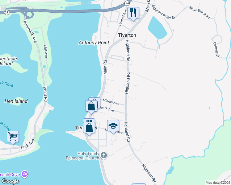 map of restaurants, bars, coffee shops, grocery stores, and more near 5 West Avenue in Tiverton