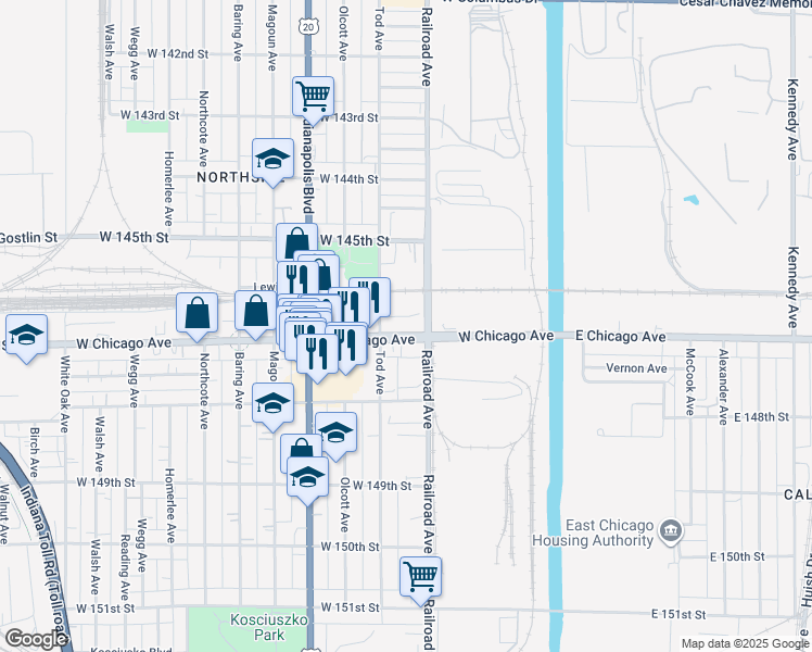 map of restaurants, bars, coffee shops, grocery stores, and more near 508 West Chicago Avenue in East Chicago