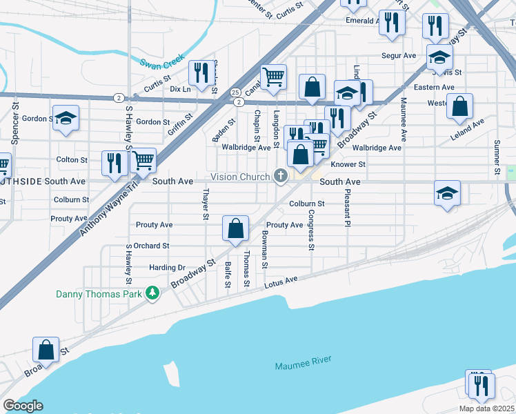 map of restaurants, bars, coffee shops, grocery stores, and more near 1736 Broadway Street in Toledo