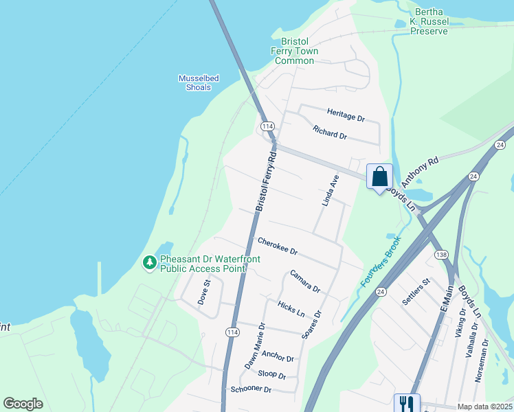 map of restaurants, bars, coffee shops, grocery stores, and more near 530R Bristol Ferry Road in Portsmouth