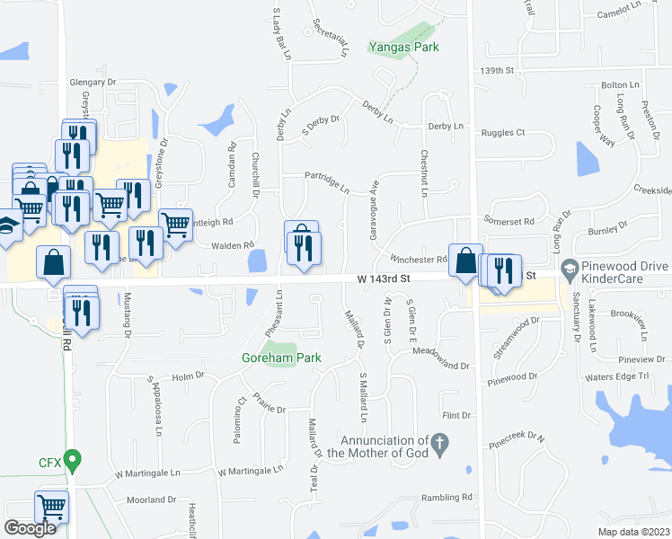 map of restaurants, bars, coffee shops, grocery stores, and more near 14224 Mallard Drive in Orland Park