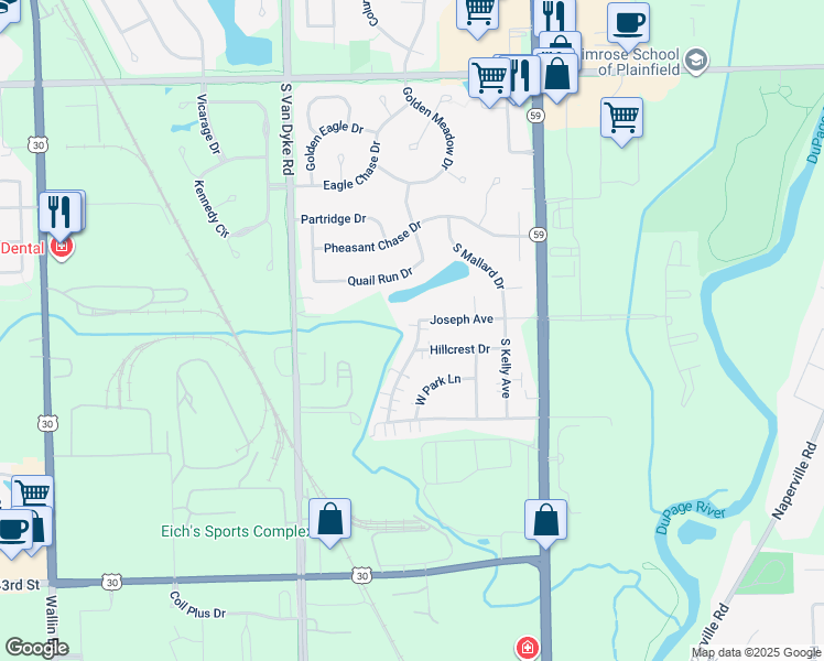 map of restaurants, bars, coffee shops, grocery stores, and more near 2324 Marybrook Drive in Plainfield