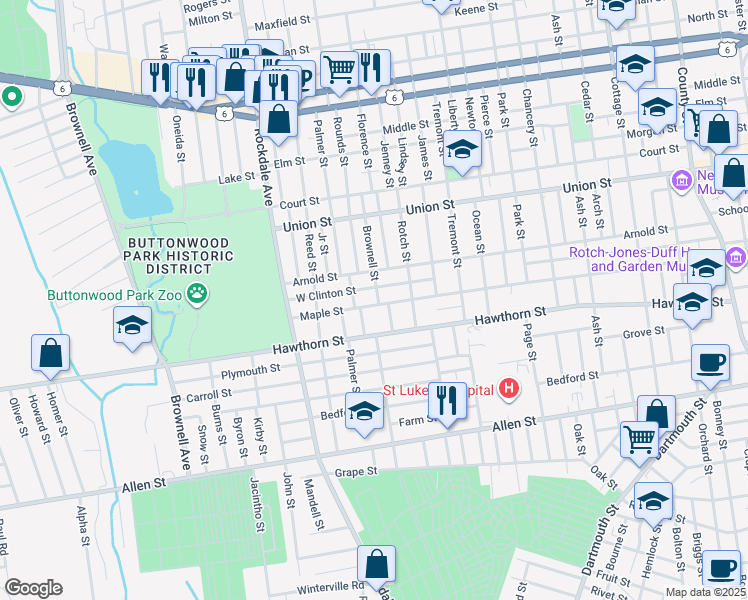 map of restaurants, bars, coffee shops, grocery stores, and more near 289 Maple St in New Bedford