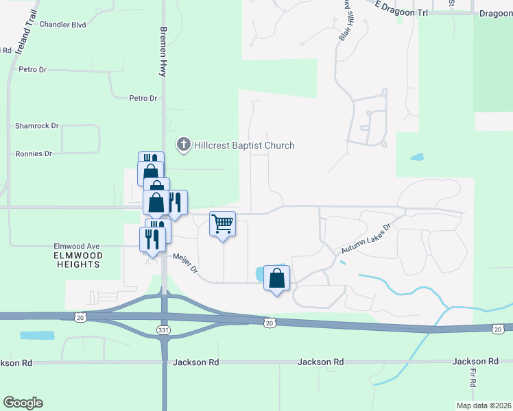 map of restaurants, bars, coffee shops, grocery stores, and more near 3414 Wild Cherry Ridge West in Mishawaka