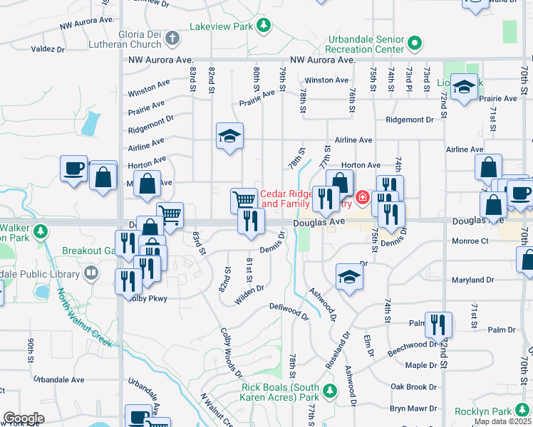 map of restaurants, bars, coffee shops, grocery stores, and more near 7921 Douglas Avenue in Urbandale