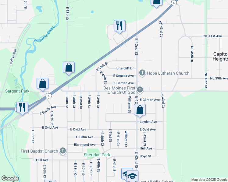 map of restaurants, bars, coffee shops, grocery stores, and more near 4020 Northeast 38th Avenue in Des Moines