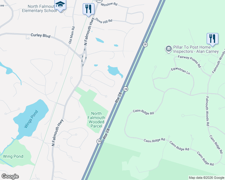 map of restaurants, bars, coffee shops, grocery stores, and more near 63 Althea Road in Falmouth