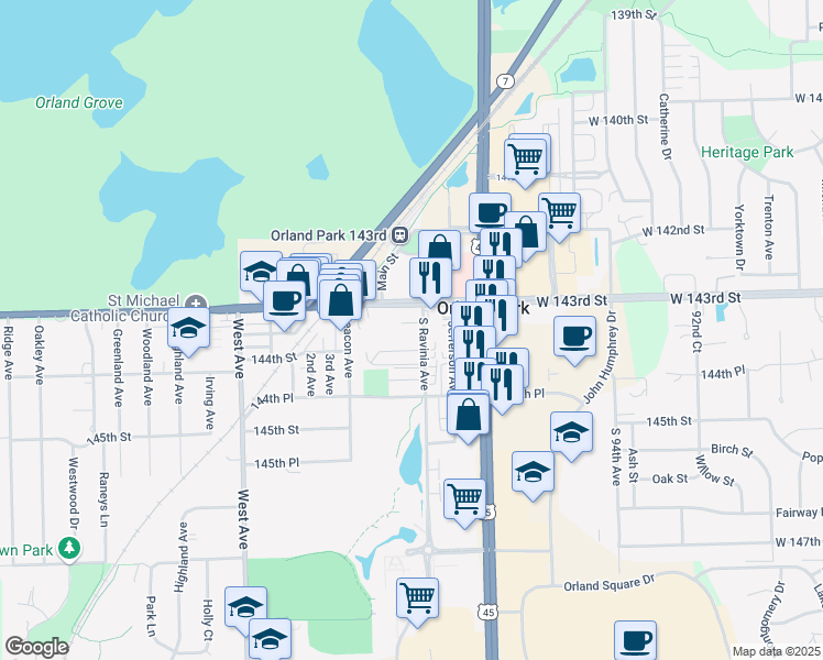 map of restaurants, bars, coffee shops, grocery stores, and more near 14310 Ravinia Avenue in Orland Park