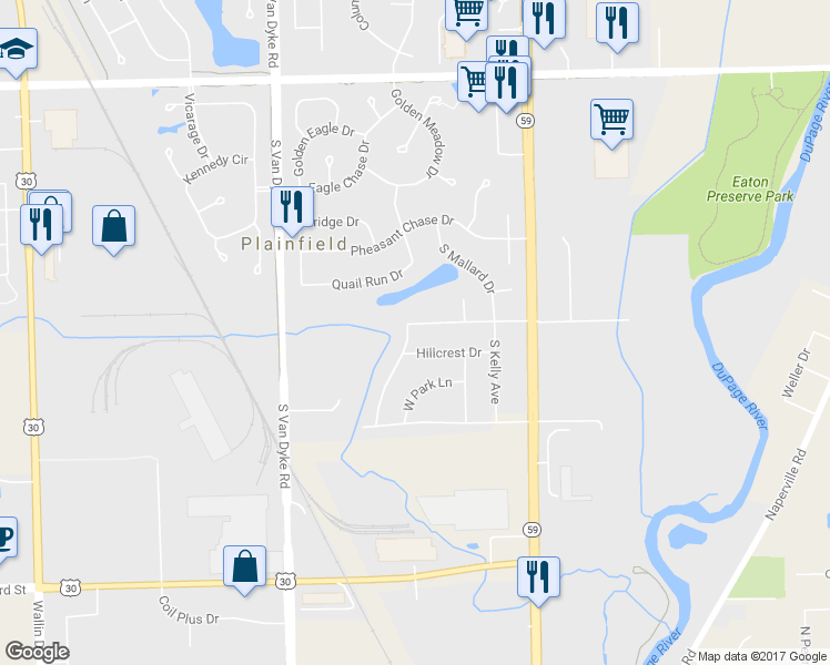 map of restaurants, bars, coffee shops, grocery stores, and more near 24125 Joseph Avenue in Plainfield