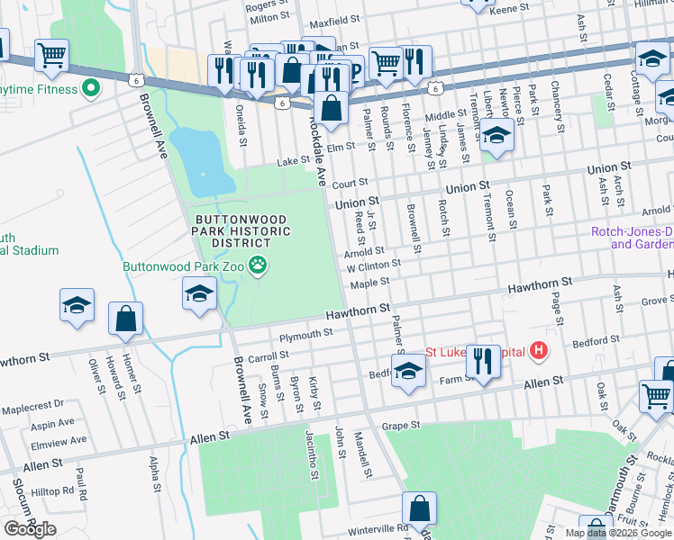 map of restaurants, bars, coffee shops, grocery stores, and more near 633 Rockdale Avenue in New Bedford
