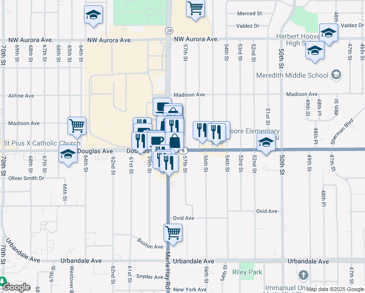 map of restaurants, bars, coffee shops, grocery stores, and more near 5701 Douglas Avenue in Des Moines