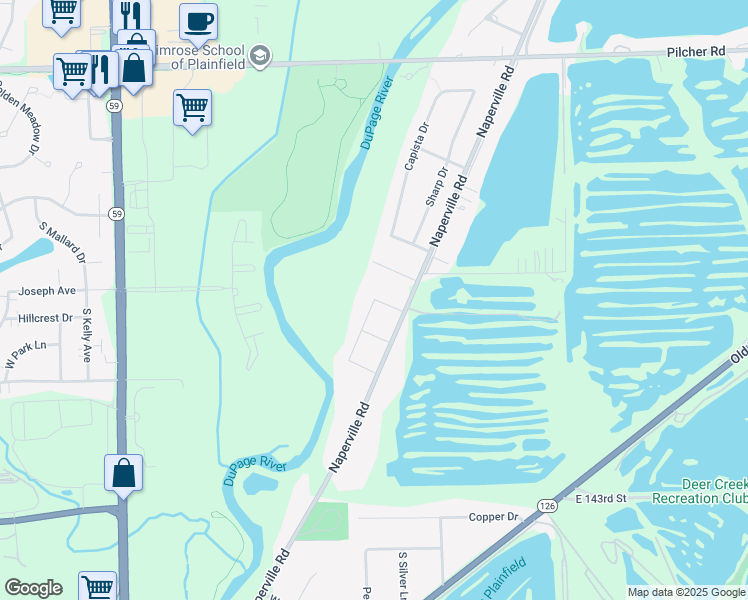map of restaurants, bars, coffee shops, grocery stores, and more near South Weller Drive in Plainfield