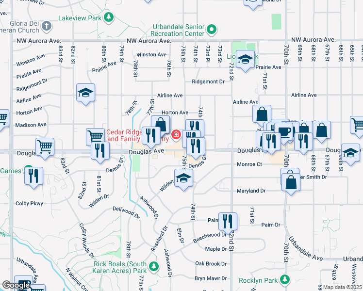 map of restaurants, bars, coffee shops, grocery stores, and more near 7501 Douglas Avenue in Urbandale