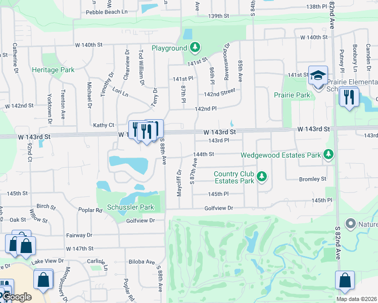 map of restaurants, bars, coffee shops, grocery stores, and more near 14347 Maycliff Drive in Orland Park