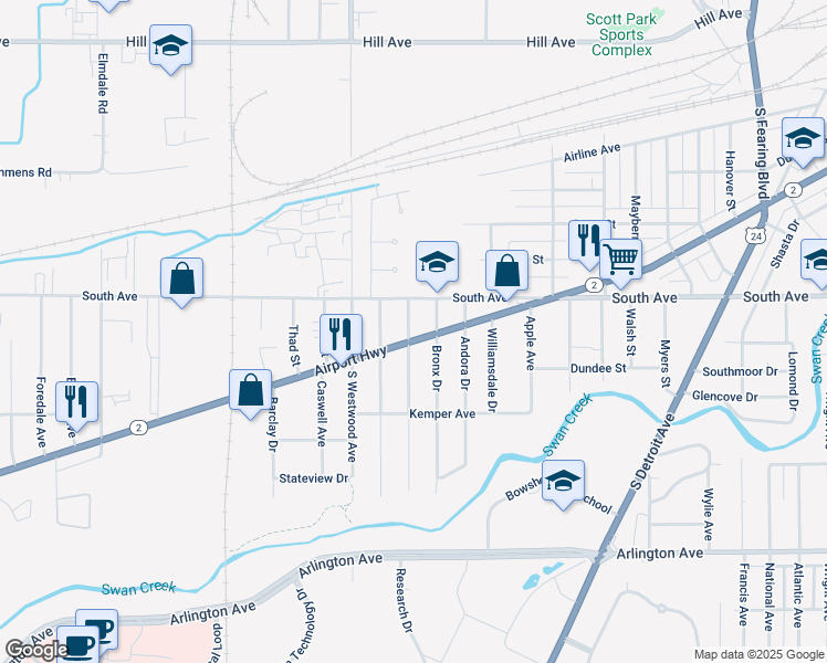 map of restaurants, bars, coffee shops, grocery stores, and more near in Toledo