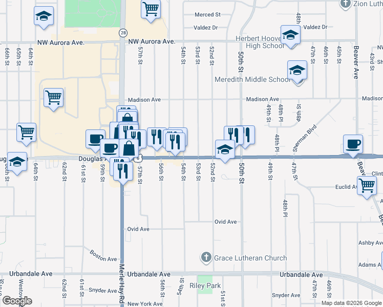 map of restaurants, bars, coffee shops, grocery stores, and more near 5307 Douglas Avenue in Des Moines