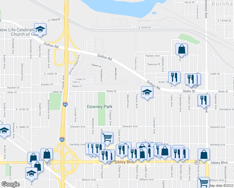 map of restaurants, bars, coffee shops, grocery stores, and more near 266 Clyde Avenue in Calumet City