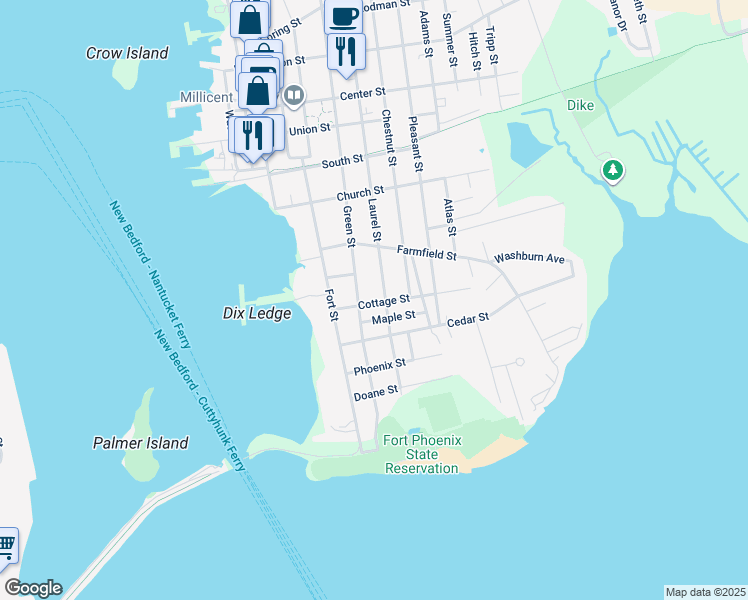 map of restaurants, bars, coffee shops, grocery stores, and more near 17 Green Street in Fairhaven