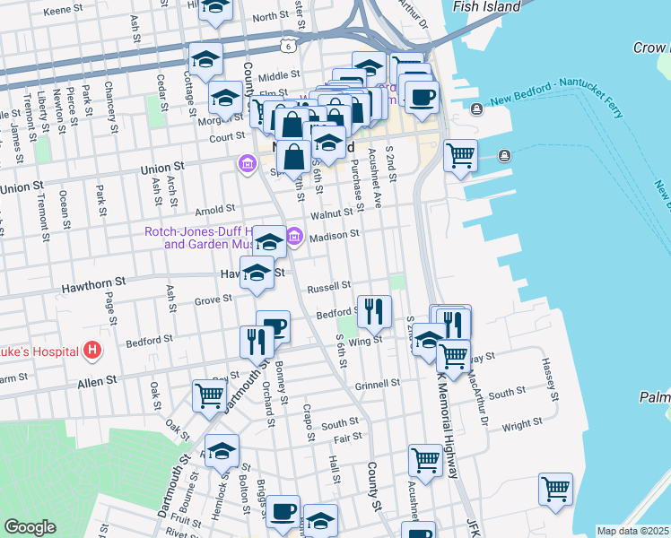 map of restaurants, bars, coffee shops, grocery stores, and more near 277 Pleasant Street in New Bedford