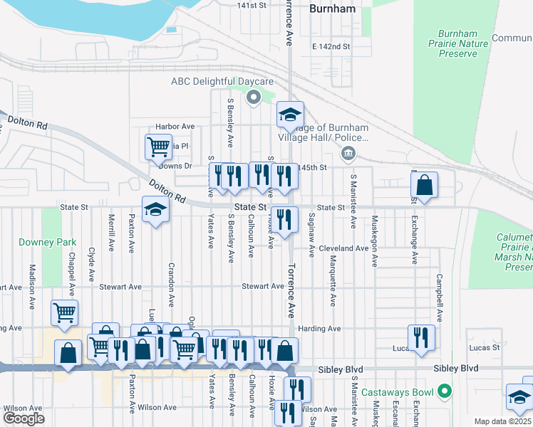 map of restaurants, bars, coffee shops, grocery stores, and more near 276 Hoxie Avenue in Calumet City