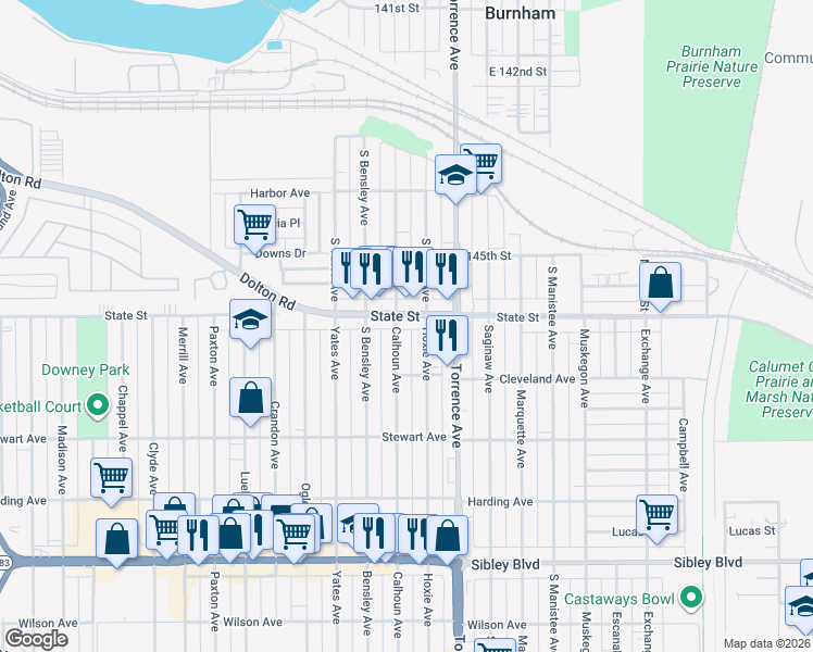 map of restaurants, bars, coffee shops, grocery stores, and more near 276 Hoxie Avenue in Calumet City