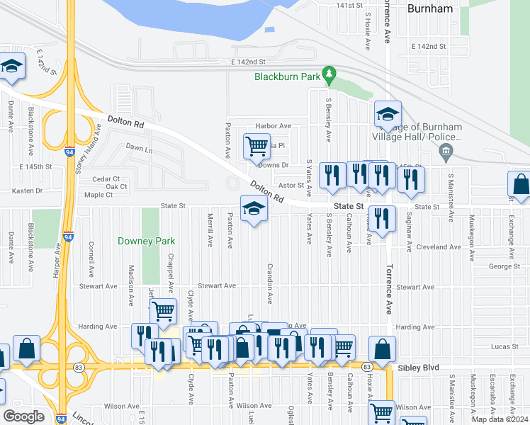 map of restaurants, bars, coffee shops, grocery stores, and more near 274 Crandon Avenue in Calumet City